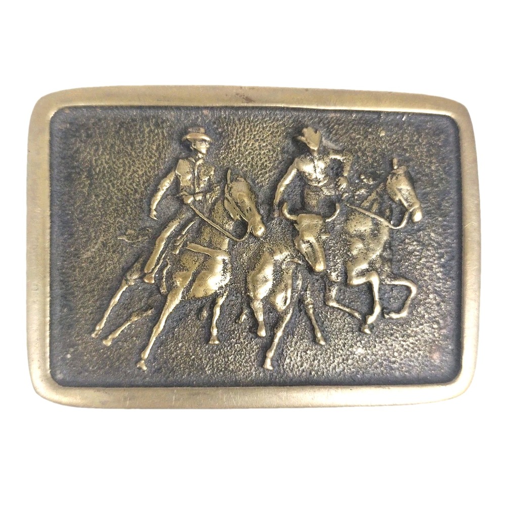 Rodeo Cowboy Horseback Steer Wrestling Roping Solid Brass BTS Belt Buckle USA 78